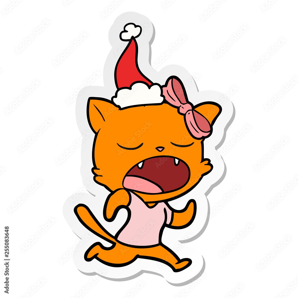 sticker cartoon of a yawning cat wearing santa hat sticker cartoon of a yawning cat wearing santa hat