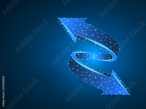 Crossroad direction two ways arrows abstract wireframe digital 3d illustration. Low poly crossway choice concept with lines, dots, starry sky on blue background. Vector neon polygonal up and down sign