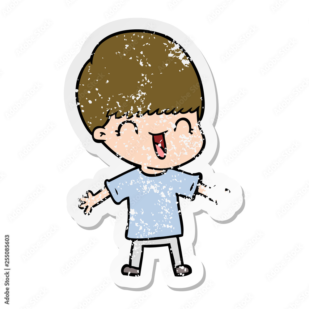 distressed sticker of a happy cartoon boy distressed sticker of a happy cartoon boy