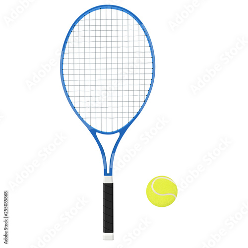 Tennis racket with yellow ball. 3d vector illustration isolated © savanno