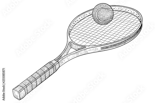 Tennis racket with a ball. Hand drawn sketch