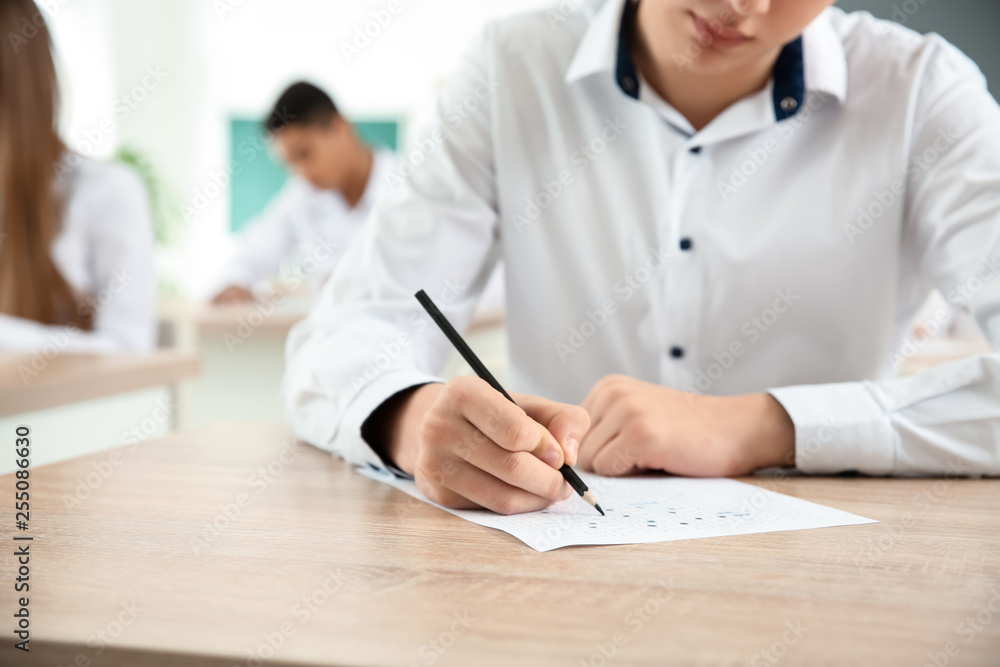 Boy passing school test in classroom Boy passing school test in classroom
