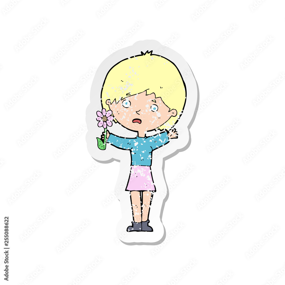 retro distressed sticker of a cartoon woman with flower retro distressed sticker of a cartoon woman with flower