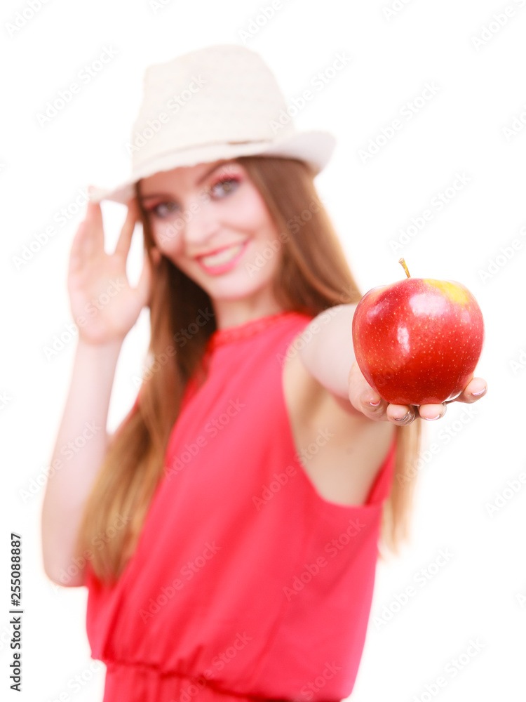 Woman summer hat colorful makeup holds apple fruit Woman summer hat colorful makeup holds apple fruit