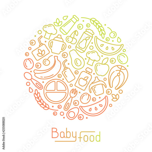 Round concept with baby food elements. Linear style vector illustration