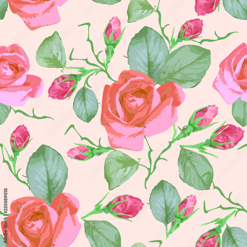 Seamless watercolor delicate floral  pattern with roses. Beautiful wild rose flowers and buds. Vector print for fabric, decoration.