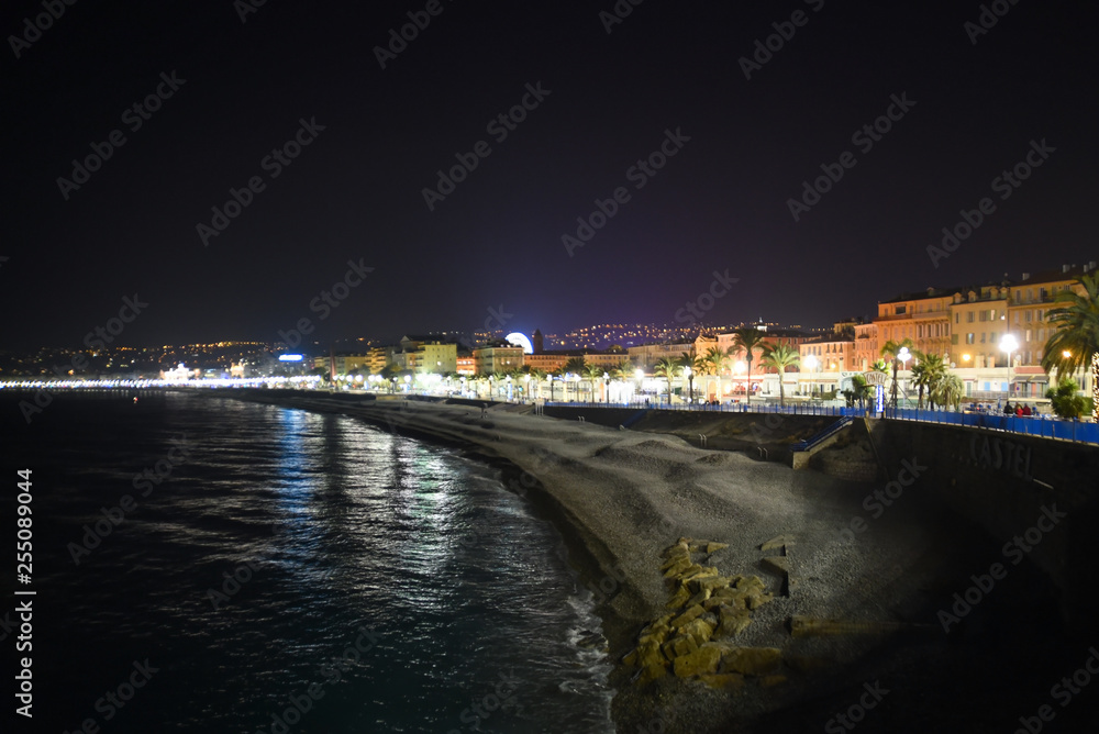Night landscape. Beach and embankment in Nice, France