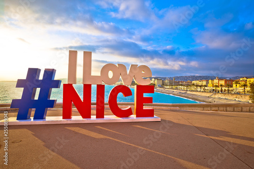 I love Nice tourist sign above Promenade des Anglais in city Of Nice photo