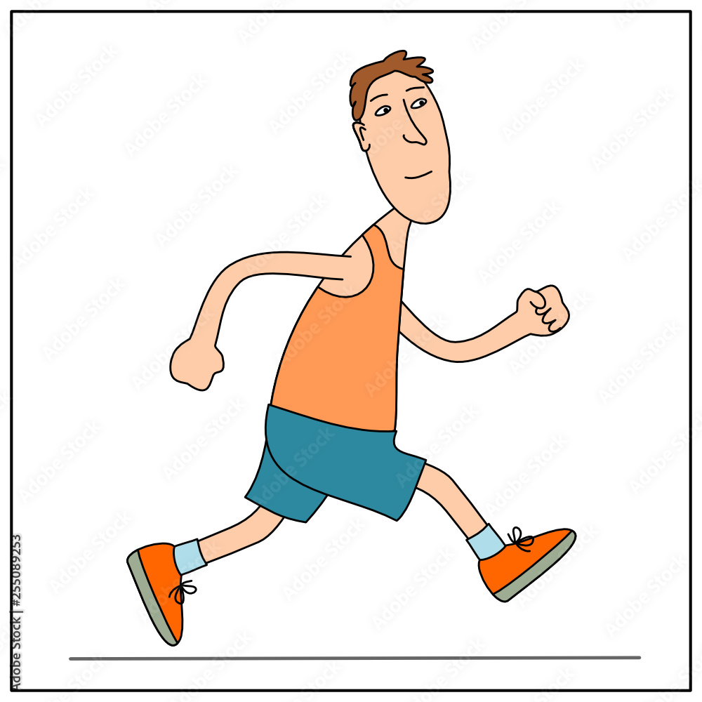 Male athlete in cartoon style running isolated on white background.
