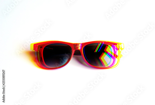 stereo photo red sunglasses on a white background