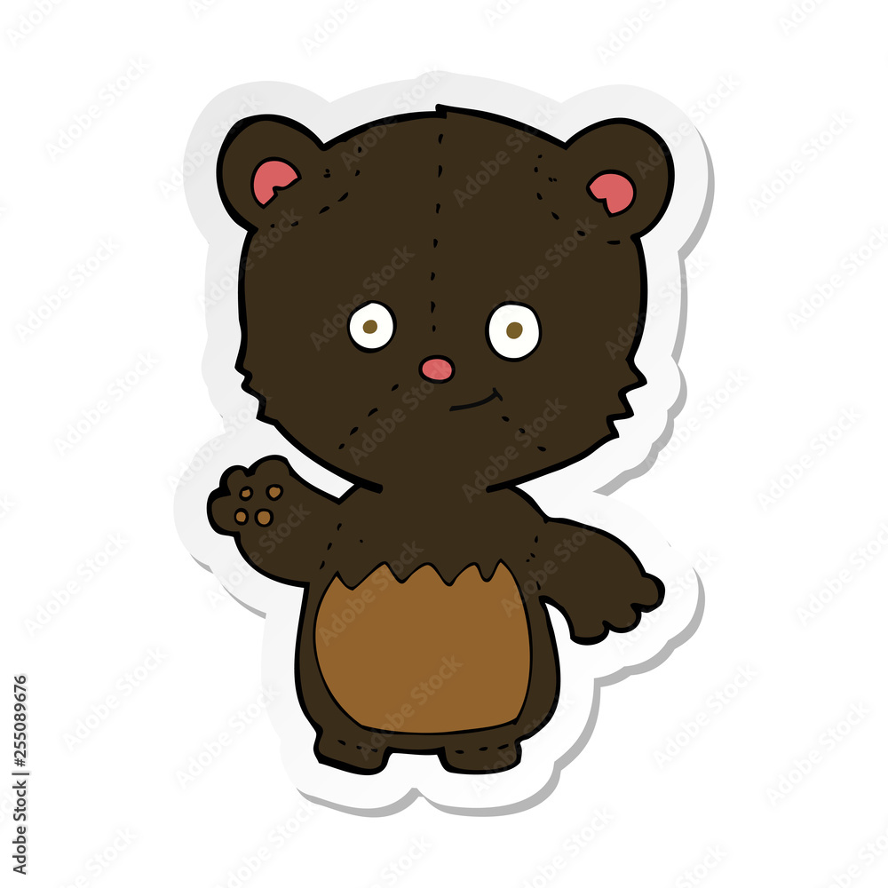 sticker of a cartoon little black bear waving sticker of a cartoon little black bear waving