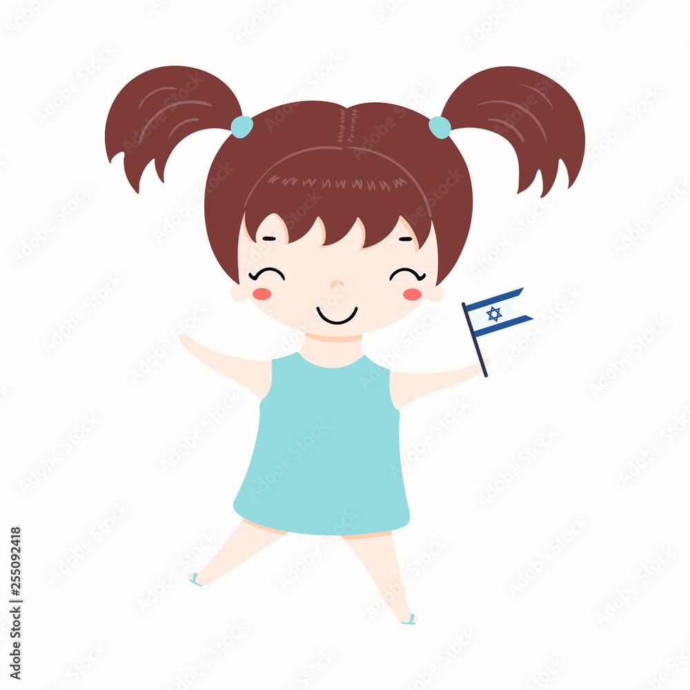 Hand drawn vector illustration of kawaii girl with Israel flag. Isolated objects on white background. Design element for Israel Independence Day poster, banner, greeting card. Hand drawn vector illustration of kawaii girl with Israel flag. Isolated objects on white background. Design element for Israel Independence Day poster, banner, greeting card.