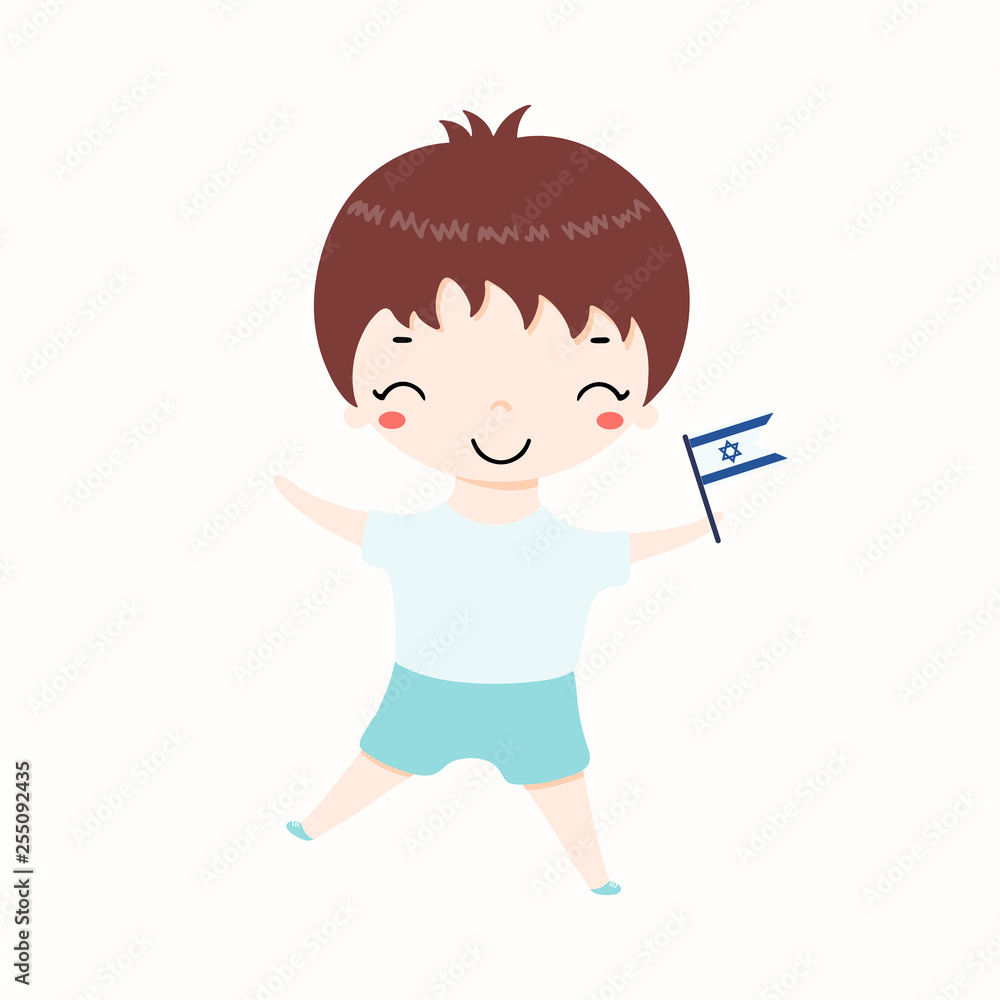 Hand drawn vector illustration of kawaii boy with Israel flag. Isolated objects on white background. Design element for Israel Independence Day poster, banner, greeting card.