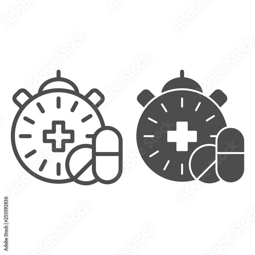 Medication time line and glyph icon. Pills and clock vector illustration isolated on white. Pharmacy time outline style design, designed for web and app. Eps 10.