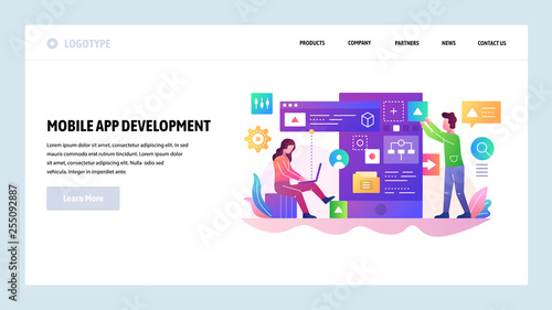 Vector web site design template. Mobile app development team, programmer build a software code. Landing page concepts for website and mobile application. Modern flat illustration