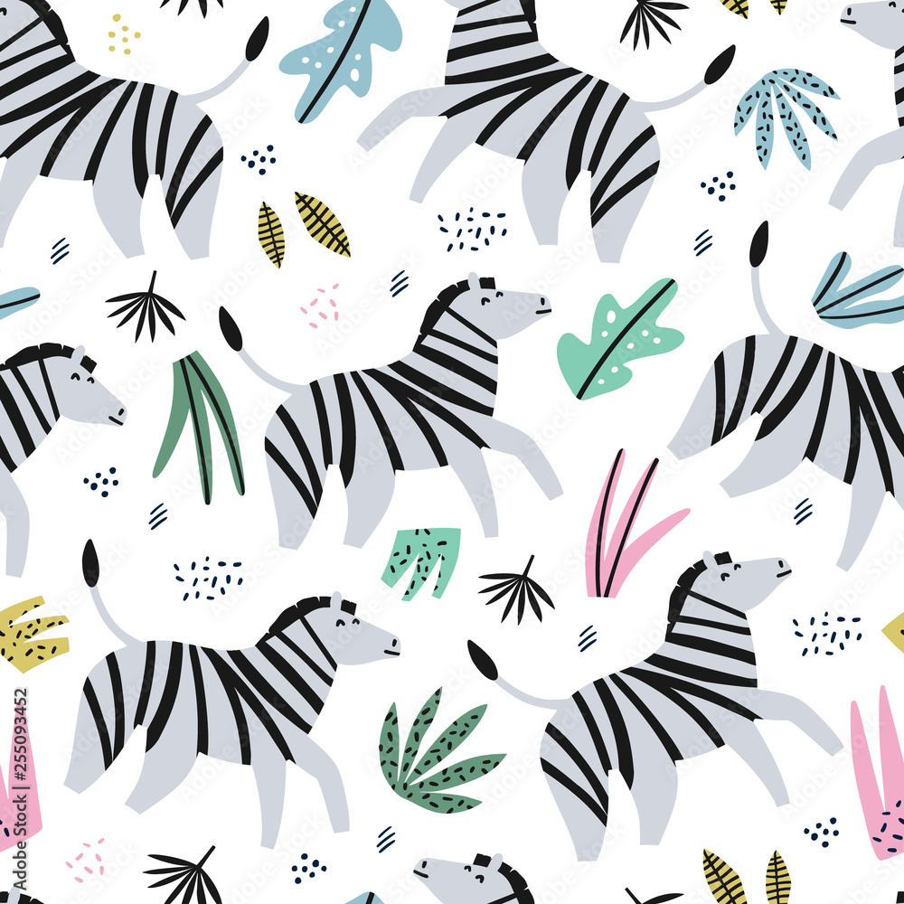 Naklejka premium Zebra flat hand drawn color seamless pattern
