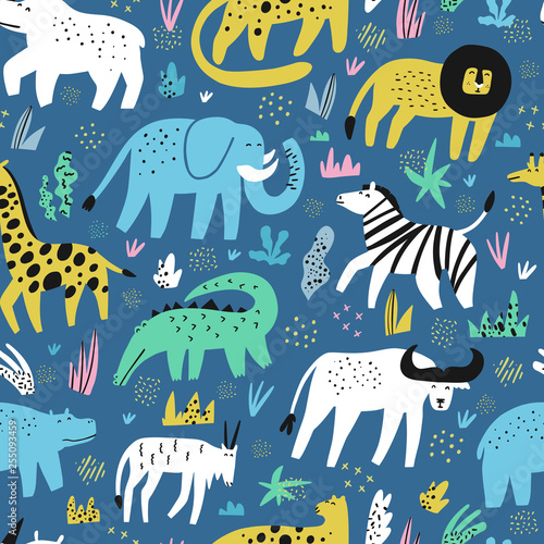 African animals flat hand drawn seamless pattern