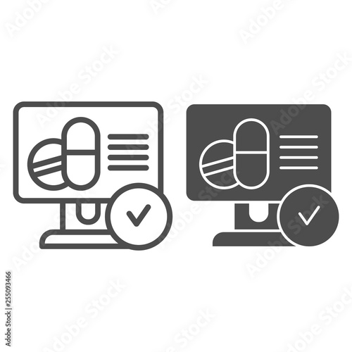 Pills recipe online line and glyph icon. Drugs recipe vector illustration isolated on white. Medical recipe on monitor outline style design, designed for web and app. Eps 10.