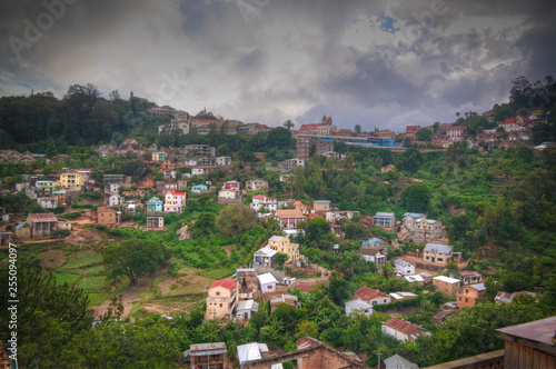 Aerial panoramic view to Fianarantsoa city at sunset , Madagascar photo