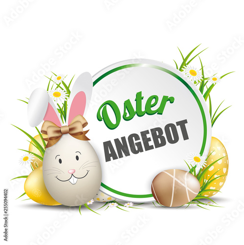 Osterangebot Etikette mit einem Osterhasen und Ostereiern im Gras