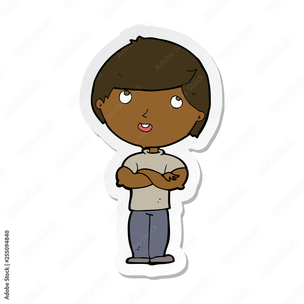 sticker of a cartoon happy man with folded arm sticker of a cartoon happy man with folded arm