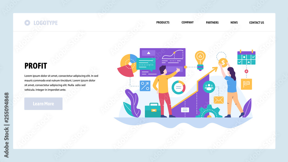 Vector web site design template. Financial analysis, business growth, finance charts. Landing page concepts for website and mobile development. Modern flat illustration