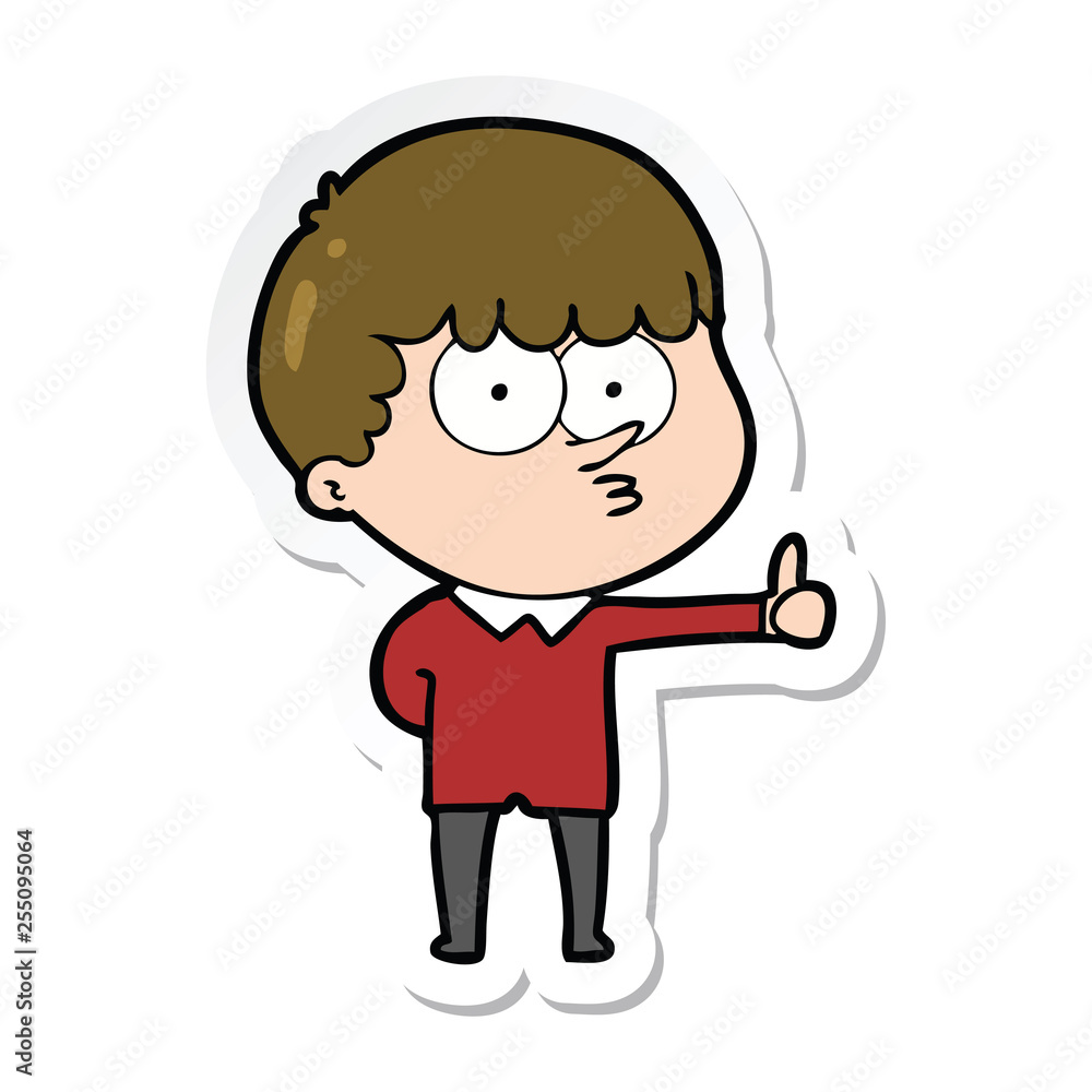 sticker of a cartoon curious boy giving thumbs up sign