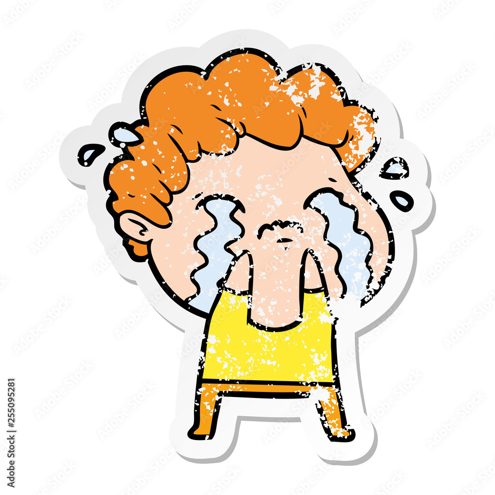 distressed sticker of a cartoon man crying distressed sticker of a cartoon man crying