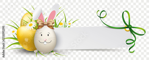 Paper Banner Green Ribbon Golden Easter Eggs Hare