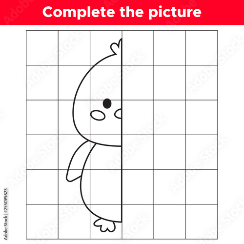 Complete the picture cute kawaii chick. Copy the picture. Educational game for children. Coloring book. Vector illustration.