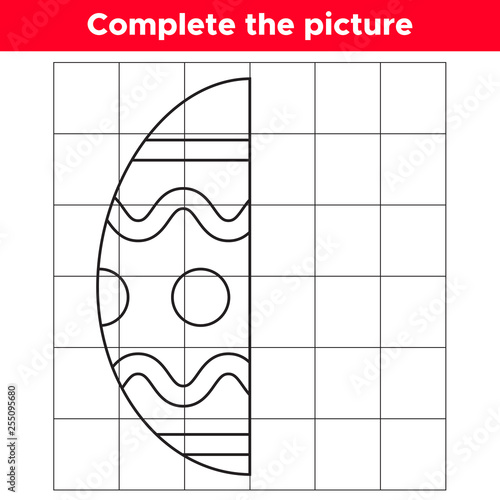 Complete the picture Easter egg. Copy the picture. Educational game for children. Coloring book. Vector illustration.