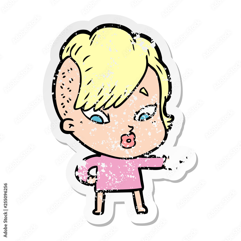 Fototapeta premium distressed sticker of a cartoon surprised girl pointing