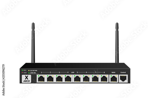Wireless service router with control port, WAN port and 8 LAN ports. The router has 2 antennas. Black colour. Vector illustration.