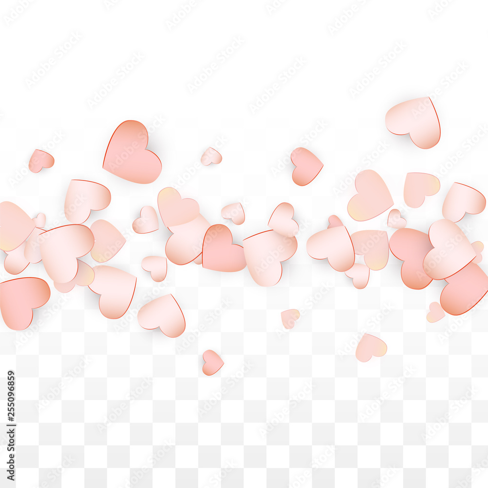 Love Hearts Confetti Falling Background. St. Valentine's Day pattern Romantic Scattered Hearts. Vector Illustration for Cards, Banners, Posters, Flyers for Wedding, Anniversary, Birthday Party, Sales.