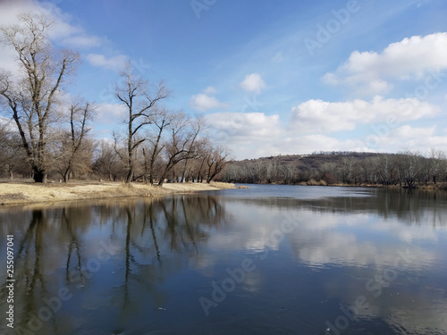Scenic view from the middle of the river on the river bank with bare trees. Sunny day in early spring. Awakening of nature. Early spring weather.