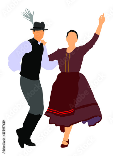 Hungarian folk dancers couple vector illustration. Germany folk dancer couple in love. Austrian folk dancers couple. East Europe folklore. Balkan folk dancing. Traditional wedding folklore event.