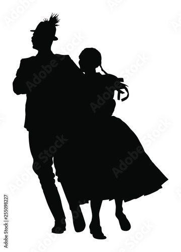 Hungarian folk dancers couple vector silhouette. Germany folk dancers couple in love. Austrian folk dancers couple. East Europe folklore. Balkan folk dancing. Traditional wedding folklore event.