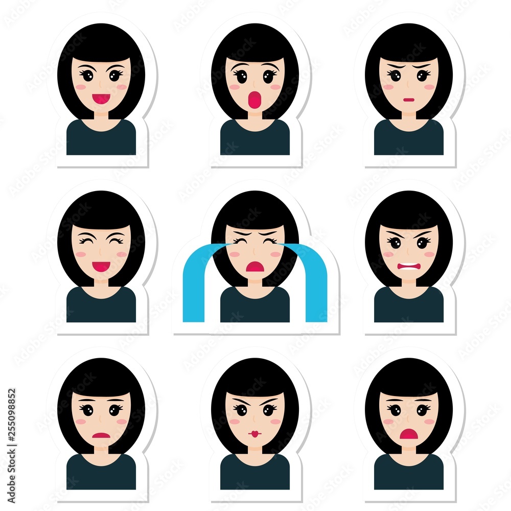 Flat cartoon character cute girl with black hair, different emotions. Vector set of emotion girl: joy, laughter, smile, embarrassment, anger, chagrin, annoyance, surprise, cry, unhappy. Sticker style. Flat cartoon character cute girl with black hair, different emotions. Vector set of emotion girl: joy, laughter, smile, embarrassment, anger, chagrin, annoyance, surprise, cry, unhappy. Sticker style.