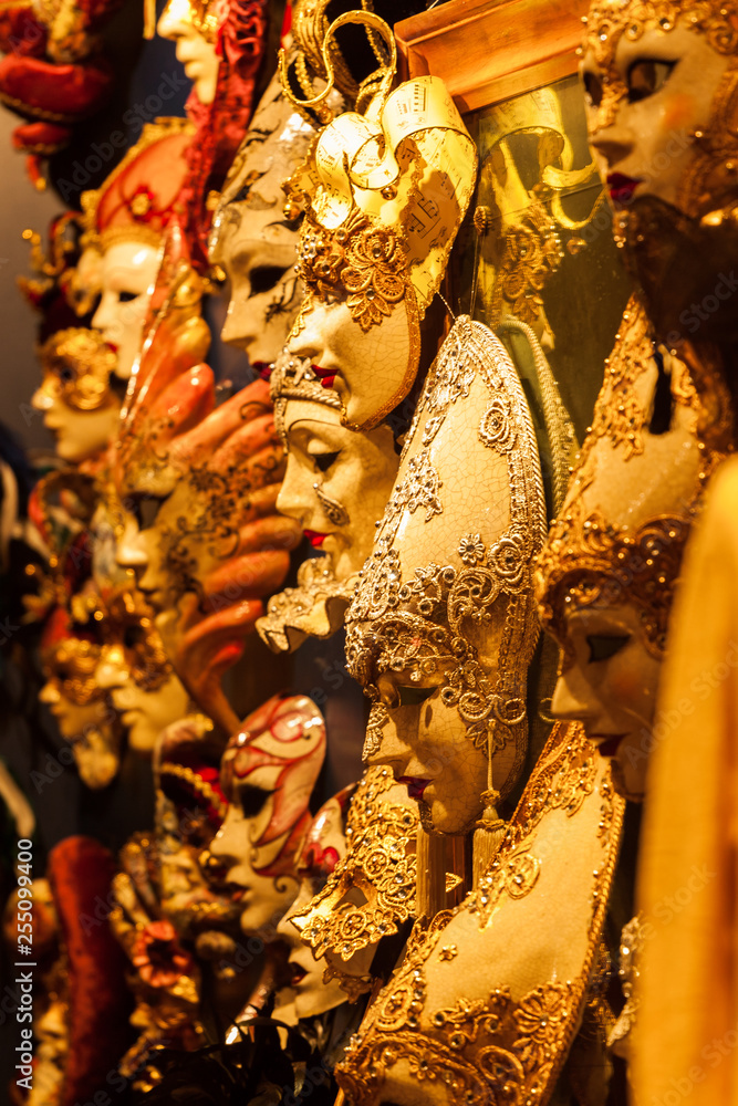 Carnival masks in a shop window in Venice, Italy.