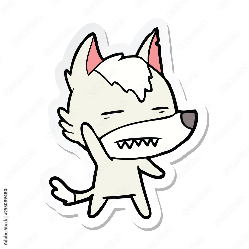 sticker of a cartoon wolf waving showing teeth