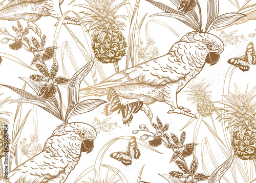 Seamless pattern. Parrot birds, pineapple, flowers orchid and butterfly.