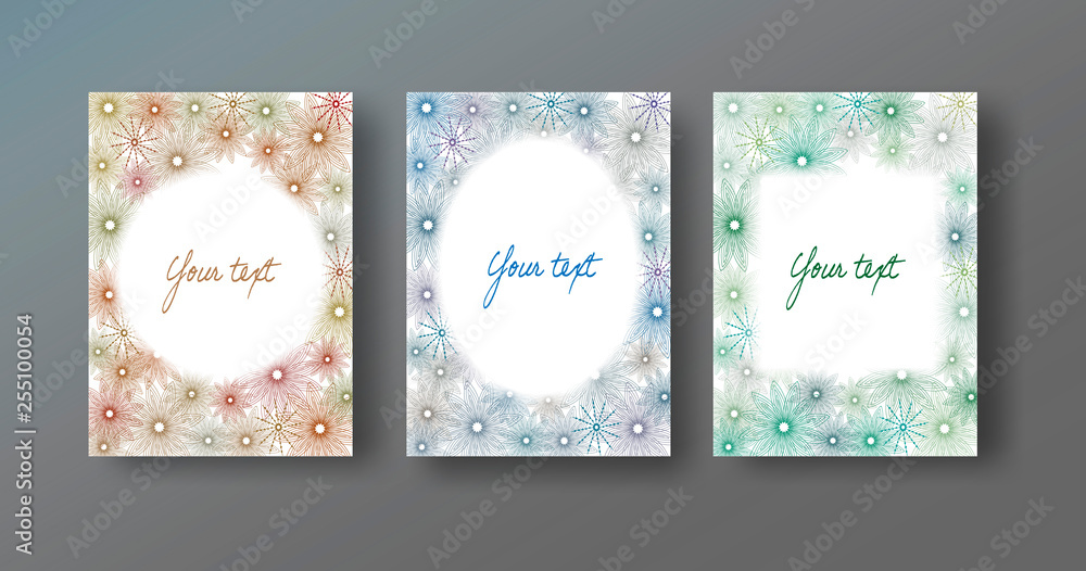 Abstract backgrounds. Frames with flowers drawn by hand . Three color options.