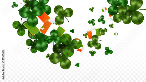 Vector Clover Leaf  and Ireland Flag Isolated on Transparent Background. St. Patrick's Day Illustration. Ireland's Lucky Shamrock Poster. Invitation for Irish Concert in Pub. Tourism in Ireland.