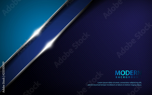 Dark blue abstract overlap layers background. Texture with silver list and sparkle of light decoration. Realistic backdrop. 3D effect.