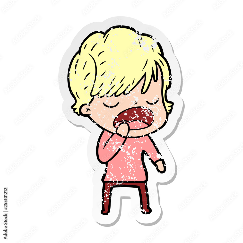 distressed sticker of a cartoon woman talking distressed sticker of a cartoon woman talking