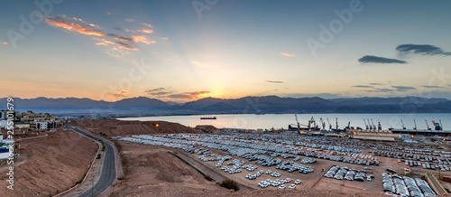Panoramic morning view on marine cargo commercial port in Eilat, Israel