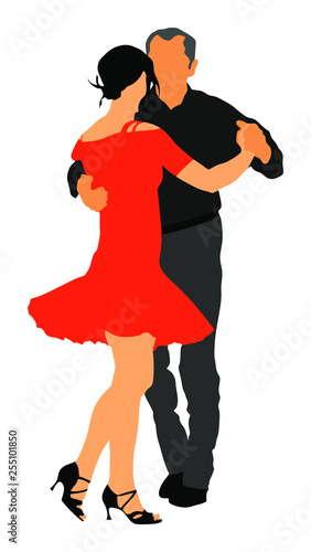 Elegant Latino dancers couple vector illustration isolated on white background. Mature tango dancing people in ballroom night event. Senior dancer party. Tango dance. Closeness and love concept.