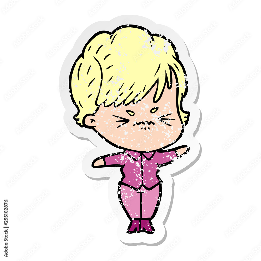 distressed sticker of a cartoon frustrated woman distressed sticker of a cartoon frustrated woman