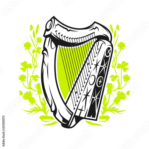 Antique irish harp on wildflower background