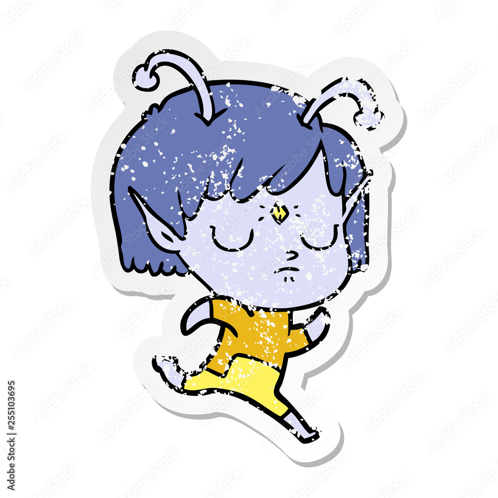 distressed sticker of a cartoon alien girl distressed sticker of a cartoon alien girl